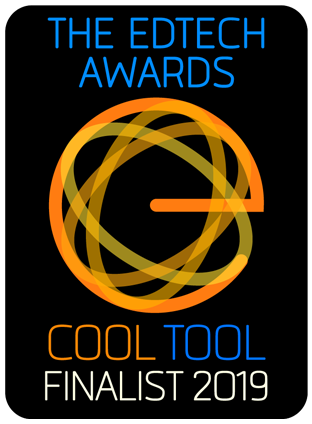 The edtech awards symbol. Black background with infinity circles and the words cool tool finalist.